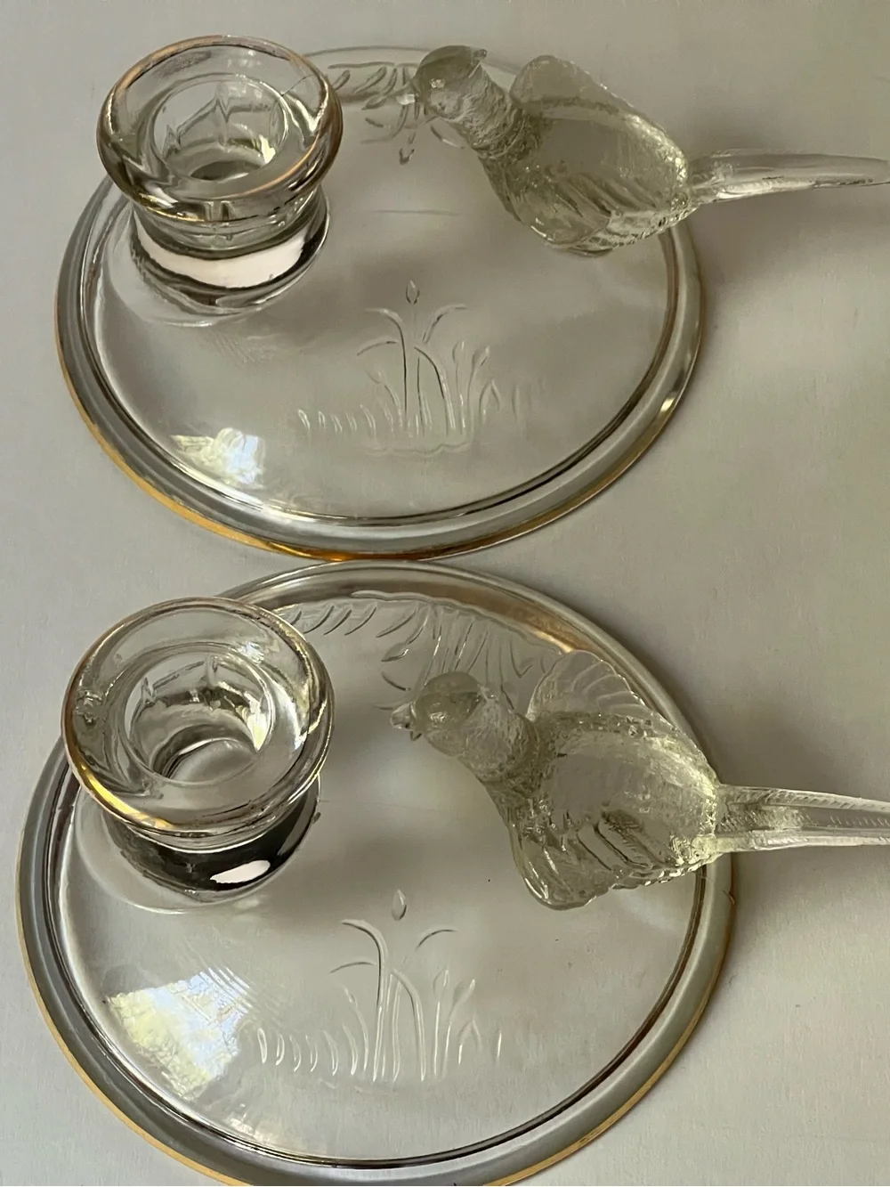 Clear Glass Bird Candle Holders with Gold Trim - Pair-by Jeanette Glass